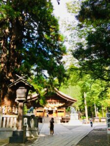 諏訪大社下社秋宮の参道と大しめ縄の神楽殿