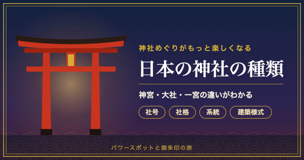 日本の神社の種類｜鳥居のイラストと「神宮・大社・一宮の違いがわかる」の文字