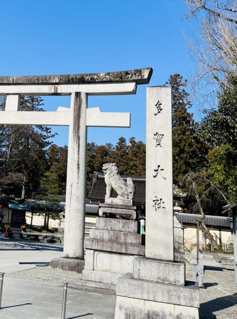 「多賀大社」と刻まれた社号標と石の鳥居